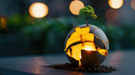 A captivating visual of a cracked sphere symbolizing the Earth, with a vibrant tree sprouting from it, illuminating the surrounding area, reflecting hope and sustainability.の素材
