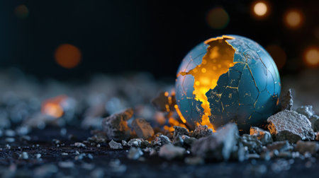 An artistic depiction of a cracked globe reveals its illuminated interior, surrounded by debris in a dark setting, symbolizing the fragility of our planet.の素材