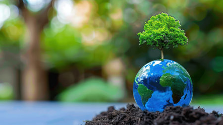 A captivating model of Earth with a lush green tree symbolizes environmental consciousness and sustainability efforts, emphasizing the importance of nurturing our planet.の素材