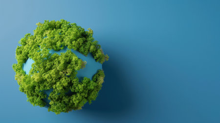 This image showcases a stylized planet covered in lush green foliage against a soft blue background, symbolizing environmental awareness and sustainability.の素材