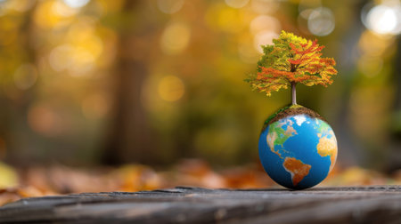This captivating image showcases a globe with a vibrant tree growing from it, symbolizing environmental conservation and sustainability amidst an autumn backdrop.の素材