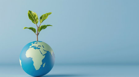 A small globe featuring continents is paired with a young green plant, symbolizing environmental sustainability and global awareness, against a blue backdrop.の素材