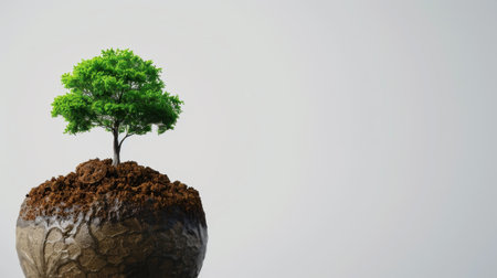 A small green tree emerges from rich brown soil on a textured rock, symbolizing growth and resilience against a clean, neutral backdrop.の素材