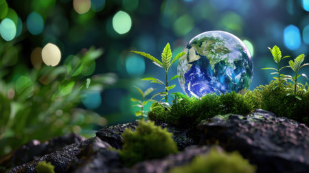 A captivating image depicting a globe surrounded by young plants on dark mossy rocks. The serene environment highlights the beauty of nature and emphasizes the importance of ecological preservation.の素材