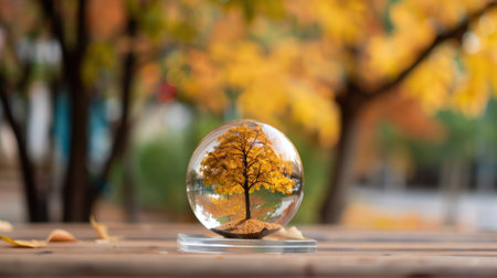 A stunning crystal sphere captures an autumn tree, surrounded by warm, colorful foliage, creating a serene and tranquil atmosphere. The clear glass emphasizes the beauty of nature.の素材