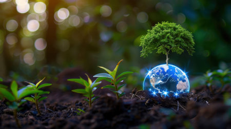 A captivating image showcases a small globe with a flourishing tree, symbolizing environmental protection and sustainability amidst vibrant greenery, inspiring hope.の素材