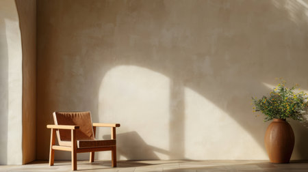 A serene minimalist interior scene showcasing a wooden chair against a textured wall, adorned with a decorative vase filled with flowers, illuminated by natural light.の素材