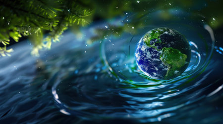 This stunning image depicts Earth gracefully floating in tranquil water, encapsulated by lush greenery, symbolizing the connection between nature and our planet.の素材