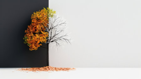 This artistic image beautifully illustrates the transition between autumn and winter, featuring a tree with vibrant orange and stark white leaves against contrasting backgrounds.の素材
