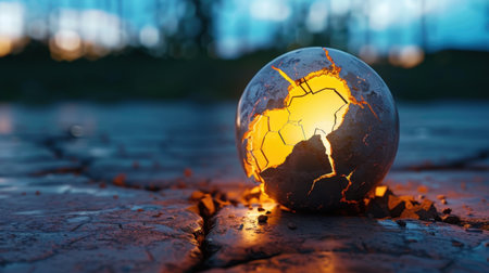 A stunning cracked sphere emits a warm glow from its center, contrasting with the rugged ground at dusk. This image evokes mystery and creativity.の素材