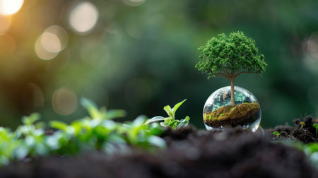 A captivating image of a small tree growing inside a glass sphere, placed on rich soil surrounded by fresh green plants, illustrating the harmony of nature and sustainability.の素材