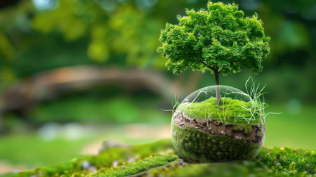 A vibrant small tree thrives within a transparent glass orb, resting on soft moss, symbolizing nature's resilience and environmental harmony in a tranquil forest setting.の素材