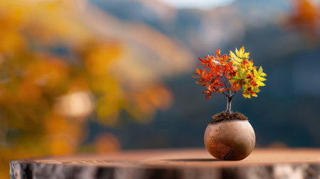 A charming small potted tree showcases vibrant autumn leaves, resting on a wooden surface. The serene nature backdrop enhances the peaceful ambiance, ideal for decoration or nature themes.の素材