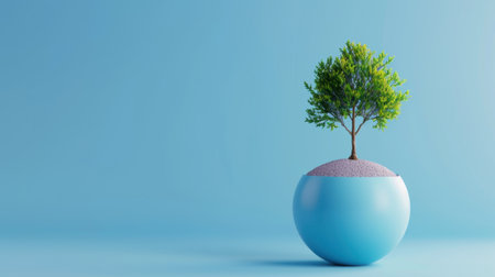 A serene and minimalist depiction of a small green plant emerging from a blue pot, symbolizing growth and tranquility against a soothing background.の素材
