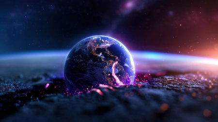 This mesmerizing image showcases Earth from a unique perspective in space, revealing vibrant lights on land and ocean, surrounded by a stunning cosmic backdrop.の素材