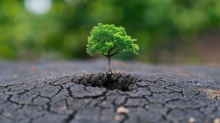 A vibrant green tree emerges from cracked dry soil, illustrating resilience in harsh conditions. This striking image symbolizes hope, life, and renewal in nature.の素材