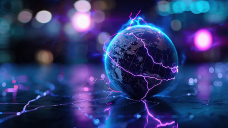 A stunning representation of a glowing electric globe featuring vibrant neon lightning effects, set against a dark high-tech background, symbolizing innovation and energy.の素材