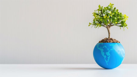 A small green tree is beautifully placed in a blue pot resembling a globe, symbolizing environmental awareness, growth, and the importance of nature in our lives.の素材