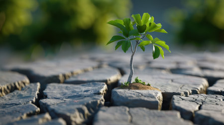 A vibrant green plant bravely emerges from cracked soil, symbolizing resilience and the power of nature to thrive even in harsh conditions.の素材