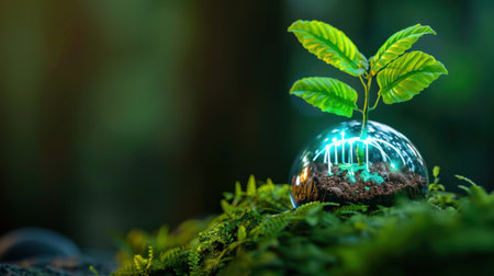 A delicate green plant sprouts inside a glass dome, symbolizing growth and sustainability. Surrounded by lush greenery and soft sunlight, this image captures the essence of nature's beauty and the importance of environmental conservation.の素材
