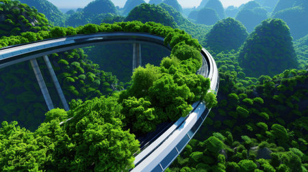 This stunning image showcases a futuristic highway enveloped by dense greenery and hills, illustrating the harmony between nature and modern architecture.の素材