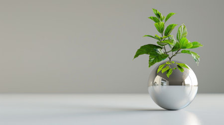 This captivating image features a vibrant green plant elegantly displayed in a reflective sphere vase, set against a soft gray background, perfect for modern decor.の素材