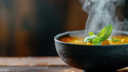 This image captures a steaming bowl of fresh hot soup garnished with herbs, exuding warmth and comfort. Perfect for culinary inspiration.の素材