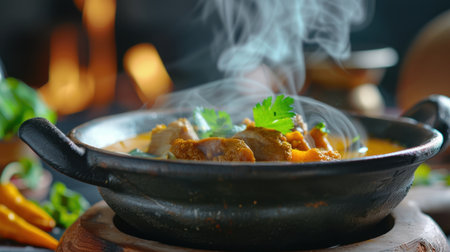 A steaming meat stew served in a rustic black pot, garnished with fresh herbs. The vibrant colors and warm atmosphere evoke a sense of comfort and home-cooked goodness. Perfect for culinary enthusiasts.の素材