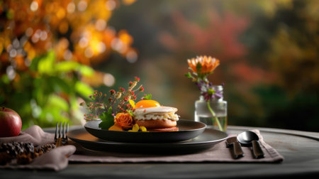 A beautifully arranged breakfast plate showcasing a sunny-side-up egg on a rustic table among autumn foliage, complemented by delicate flowers and herbs.の素材