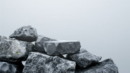 A serene composition of stacked gray rocks against a soft, misty background creates a calm and tranquil atmosphere, ideal for abstract or nature-themed projects.の素材