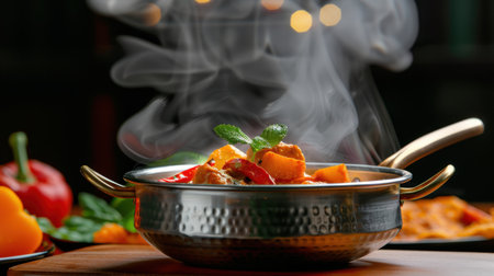 A beautifully presented dish steaming in a stylish pot, showcasing fresh vegetables and herbs, perfect for culinary promotions and food photography.の素材