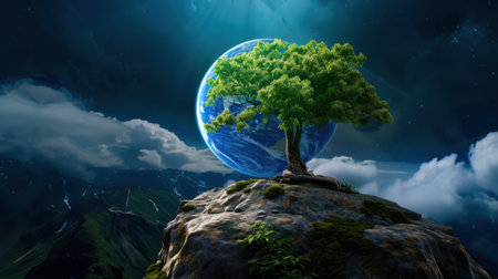 A stunning digital artwork featuring a solitary tree perched on a rocky summit, with a vibrant depiction of Earth in the background, complemented by a starry sky.の素材