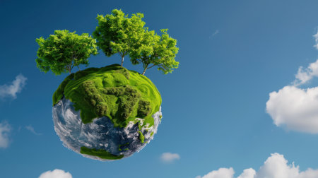 A captivating illustration of a small floating Earth with vibrant green trees atop, set against a clear blue sky filled with fluffy white clouds, symbolizing environmental harmony.の素材