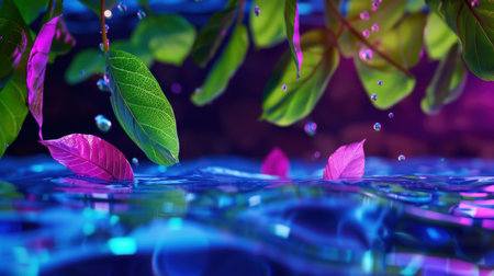 A mesmerizing image showcasing vibrant green leaves and delicate pink petals floating on a reflective water surface, enhanced by colorful lighting and raindrops, creating a serene and refreshing atmosphere.の素材
