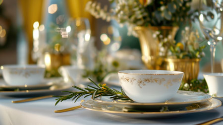 A beautifully arranged table setting featuring fine china and golden accents, complemented by fresh greenery. This elegant decor creates an inviting atmosphere perfect for special occasions and memorable dining experiences.の素材