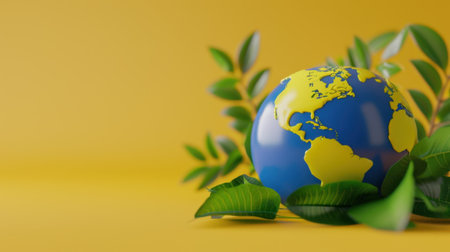 A vibrant globe depicting the Americas is nestled among lush green leaves against a cheerful yellow backdrop, symbolizing environmental awareness and sustainability.の素材