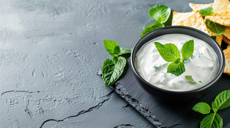 Indulge in a creamy yogurt dip garnished with fresh mint leaves, served with crispy chips. Perfect for snacks, appetizers, gatherings, and healthy cuisine.の素材