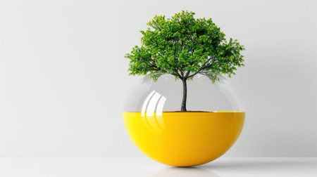 A striking depiction of a vibrant green tree growing in a modern glass terrarium with a bright yellow base. Perfect for eco-friendly and design themes.の素材