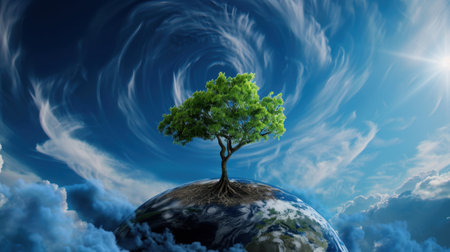 A solitary green tree stands on a globe, symbolizing nature's resilience amid swirling clouds and a vibrant blue sky, embodying beauty and growth.の素材