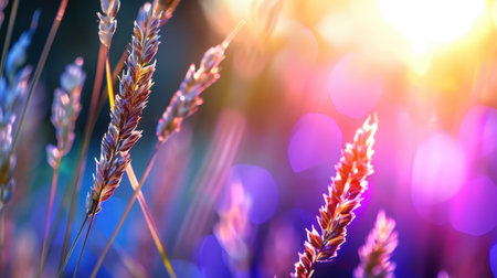 This stunning close-up image captures the delicate wheat stalks illuminated by soft sunlight, set against a colorful and vibrant bokeh background, perfect for nature themes.の素材