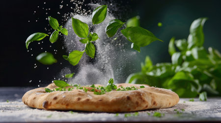Captivating scene of fresh basil leaves gracefully falling onto a rustic bread, enhanced by a sprinkle of flour against a dark background.の素材
