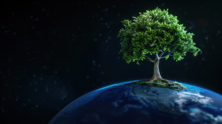 A stunning visual of a vibrant green tree majestically perched on the blue planet earth amidst a cosmic backdrop filled with stars. This image symbolizes growth, sustainability, and the beauty of nature, inspiring thoughts about the environment and cosmic connection.の素材