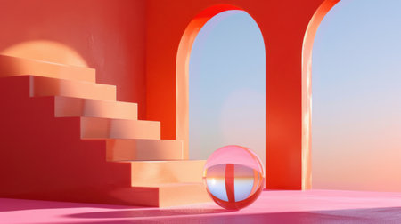 A visually striking abstract interior scene features smooth stairs and a transparent sphere, illuminated by soft sunset lighting, evoking tranquility and creativity.の素材