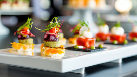 A beautifully arranged platter of gourmet appetizers featuring vibrant colors and fresh ingredients, perfect for upscale dining and events.の素材