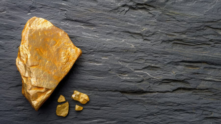 This image features a shiny golden rock placed on a dark slate background, showcasing unique textures and colors suitable for various applications such as educational or decorative purposes.の素材