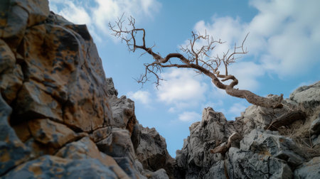 A captivating view of a solitary tree clinging to life on rugged rocks, with a stunning backdrop of a bright blue sky and billowy clouds.の素材