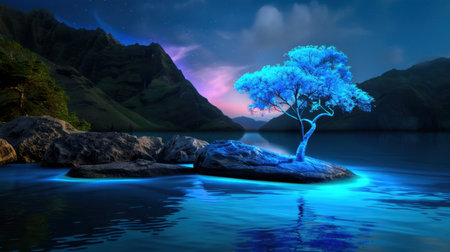 A stunning scene featuring a glowing blue tree on a rock island, surrounded by calm waters. The vibrant foliage contrasts with the tranquil night sky and mountains, creating a dreamlike atmosphere perfect for nature lovers and artists alike.の素材