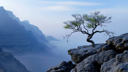 A breathtaking scene featuring a solitary tree perched on a rocky cliff, surrounded by misty mountains at dawn. The atmosphere exudes tranquility and beauty.の素材