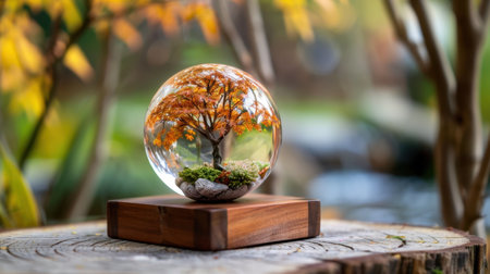 Delight in this enchanting glass sphere featuring a vivid miniature tree set against vibrant autumn leaves, beautifully mounted on a wooden base.の素材