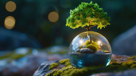 A captivating image featuring a small glass globe with a lush miniature tree and vibrant moss, resting elegantly on a smooth rock surface, capturing nature's charm and serenity.の素材